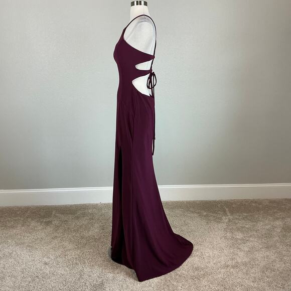 Avery G Backless Halter Evening Gown Wine Red Size 6 Sleeveless Thigh Slit Dress - Picture 6 of 14